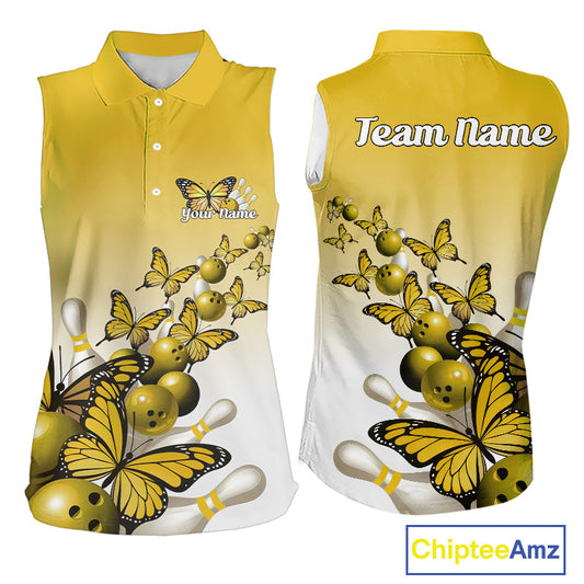 Custom Yellow Gradient Butterfly Bowling Women Sleeveless Polo Shirts, Bowling League Shirt IPHW10826