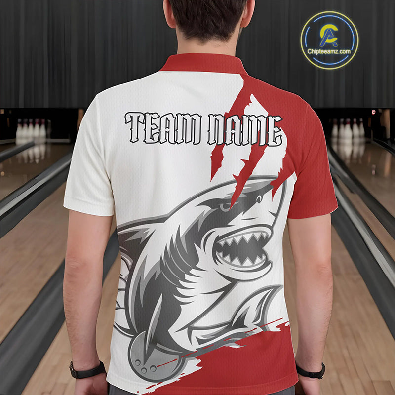 Custom White And Red Shark Jerseys, Shark Bowling Team Men Polo Shirts Bowlers Outfit IPHW8987