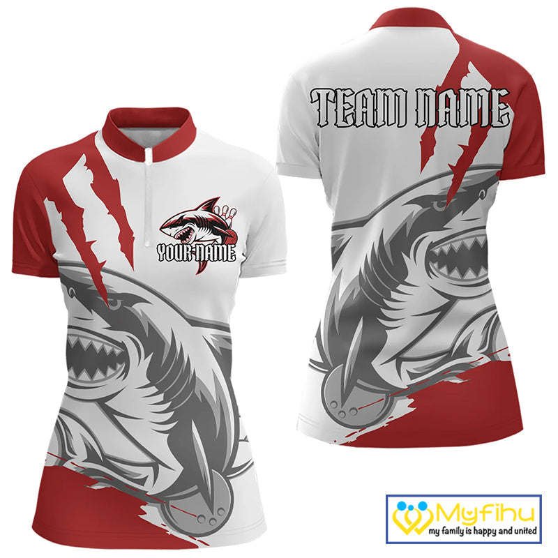 Custom White And Red Shark Jerseys, Shark Bowling Team Men Quarter-Zip Shirts Bowlers Outfit IPHW8987