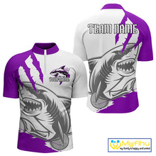 Load image into Gallery viewer, Custom White And Purple Shark Jerseys, Shark Bowling Team Men Quarter-Zip Shirts Bowlers Outfit IPHW8988