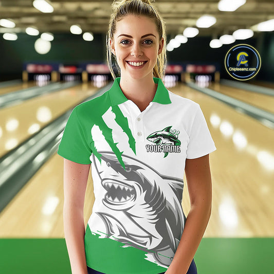 Custom White And Green Shark Jerseys, Shark Bowling Team Women Polo Shirts Bowlers Outfit IPHW8989