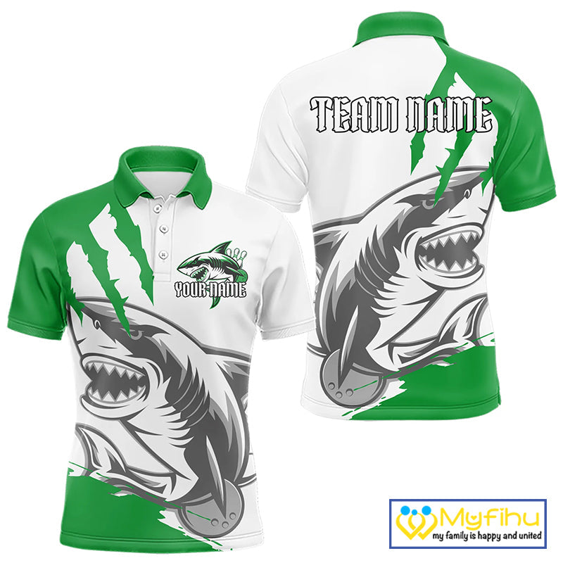 Custom White And Green Shark Jerseys, Shark Bowling Team Men Polo Shirts Bowlers Outfit IPHW8989