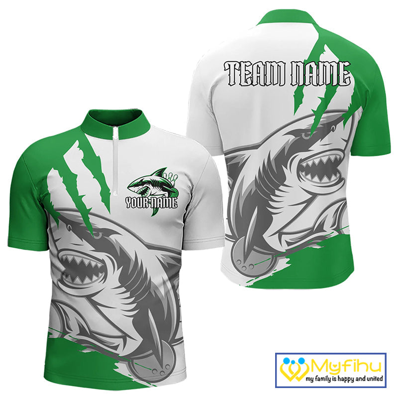 Custom White And Green Shark Jerseys, Shark Bowling Team Men Quarter-Zip Shirts Bowlers Outfit IPHW8989