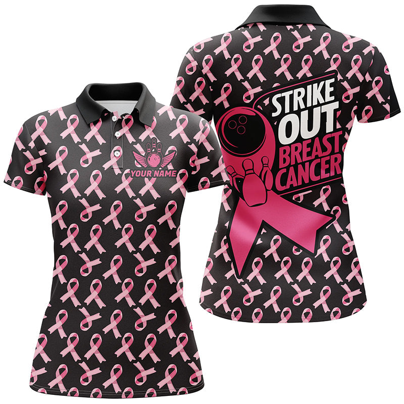 Strike Out Breast Cancer Pink Ribbon Pattern Custom Bowling Shirts For Women Bowling Jersey IPHW7047