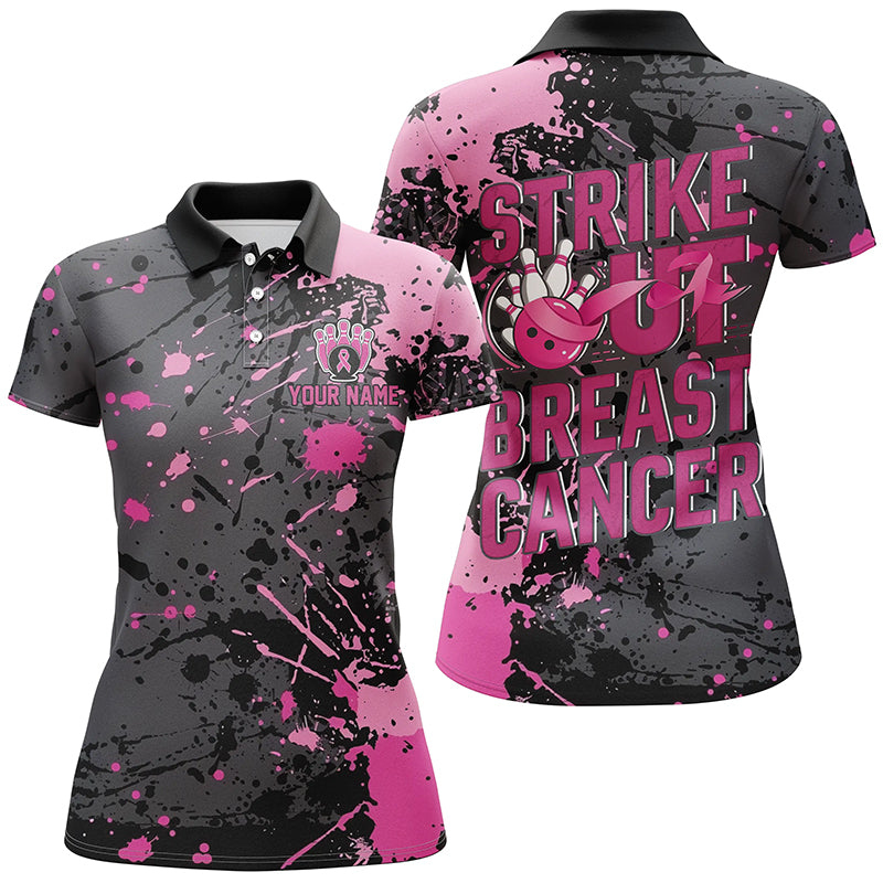 Strike Out Breast Cancer Pink Ribbon Custom Breast Cancer Ladies Bowling Shirt IPHW7048