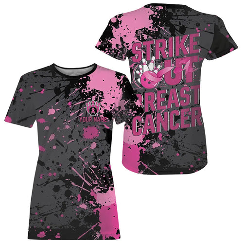 Black And Pink Strike Out Breast Cancer Pink Ribbon Custom Bowling Women T-Shirts IPHW7048