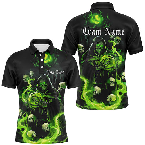 Black And Green Flame Grim Reaper Custom Halloween Bowling Shirts For Men, Team Bowlers Outfits IPHW7611
