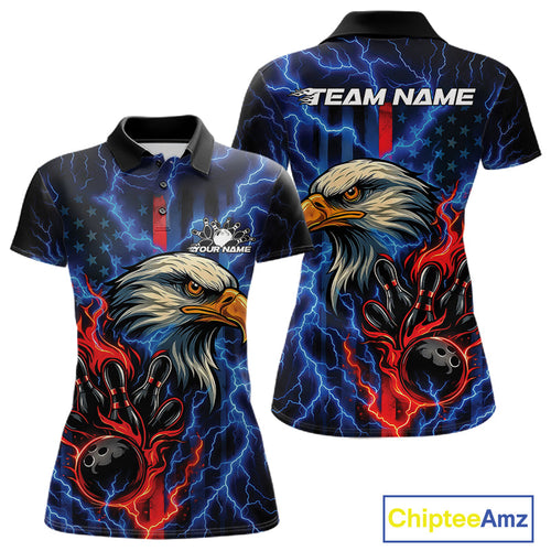 Custom Red And Blue Lightning Flame Eagle Women Bowling Shirt, Patriotic US Team Shirt IPHW10171