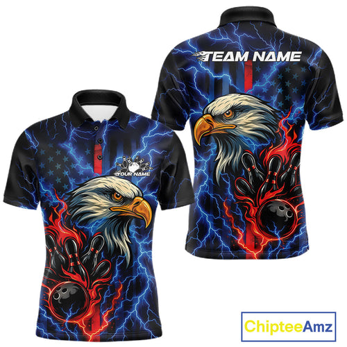 Custom Red And Blue Lightning Flame Eagle Men Bowling Shirt, Patriotic US Team Shirt IPHW10171