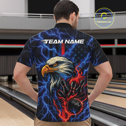 Custom Red And Blue Lightning Flame Eagle Men Bowling Shirt, Patriotic US Team Shirt IPHW10171