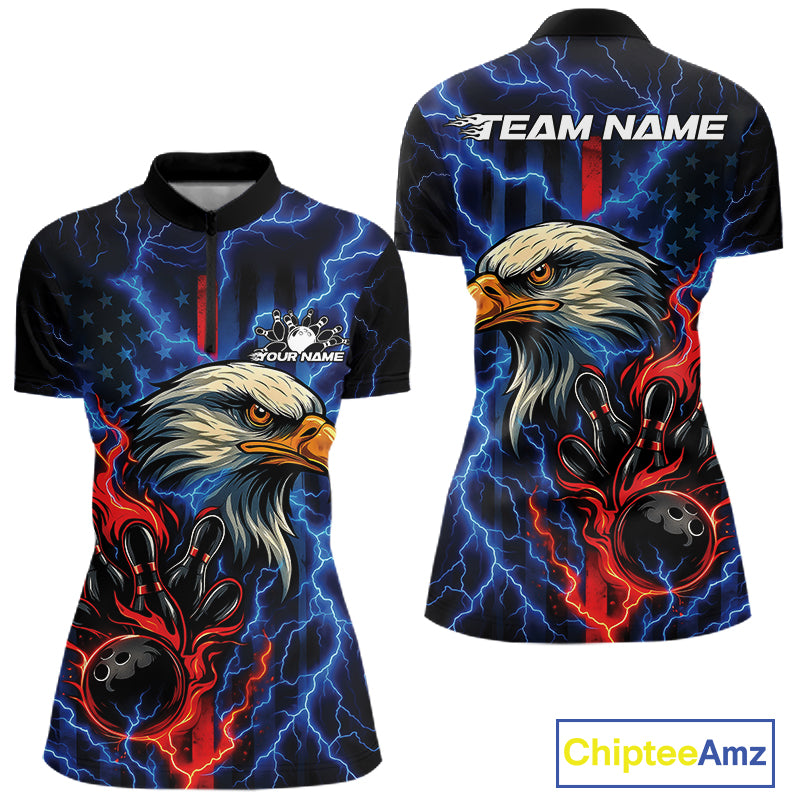 Custom Red And Blue Lightning Flame Eagle Women Bowling Shirt, Patriotic US Team Shirt IPHW10171