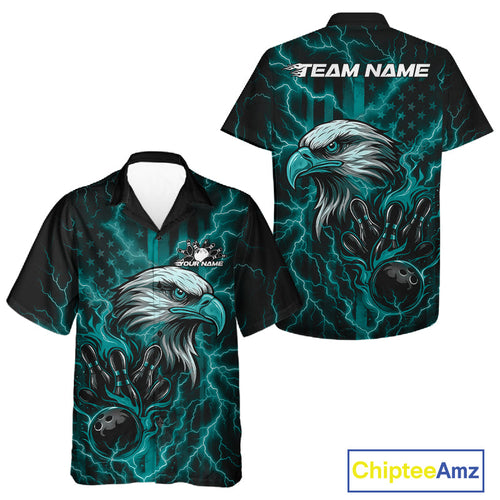 Custom Turquoise Blue Lightning Flame Eagle Men And Women Bowling Shirt, Patriotic US Team Shirt IPHW10172