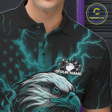 Load image into Gallery viewer, Custom Turquoise Blue Lightning Flame Eagle Men Bowling Shirt, Patriotic US Team Shirt IPHW10172