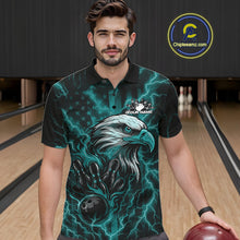 Load image into Gallery viewer, Custom Turquoise Blue Lightning Flame Eagle Men Bowling Shirt, Patriotic US Team Shirt IPHW10172