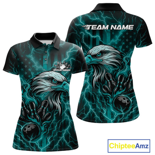 Custom Turquoise Blue Lightning Flame Eagle Women Bowling Shirt, Patriotic US Team Shirt IPHW10172
