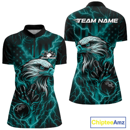 Custom Turquoise Blue Lightning Flame Eagle Women Bowling Shirt, Patriotic US Team Shirt IPHW10172