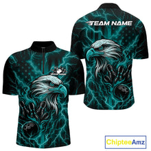 Load image into Gallery viewer, Custom Turquoise Blue Lightning Flame Eagle Men Bowling Shirt, Patriotic US Team Shirt IPHW10172