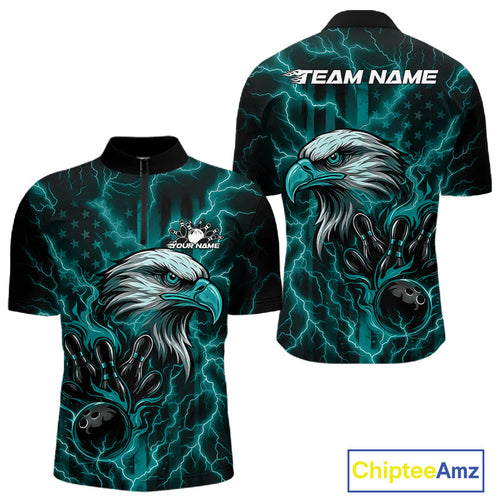 Custom Turquoise Blue Lightning Flame Eagle Men Bowling Shirt, Patriotic US Team Shirt IPHW10172