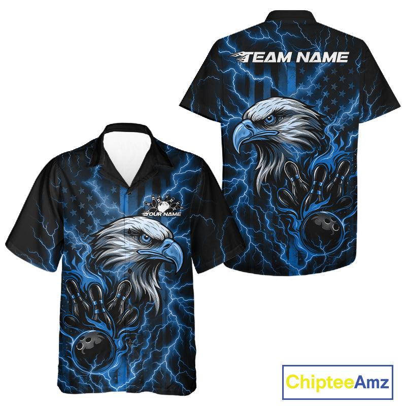 Custom Mid Blue Lightning Flame Eagle Men And Women Bowling Shirt, Patriotic US Team Shirt IPHW10173
