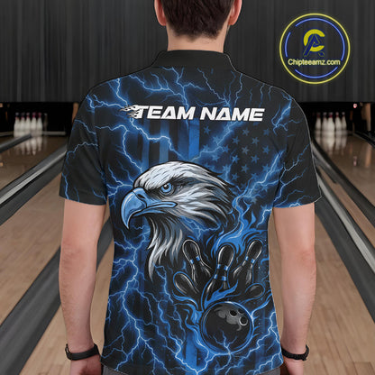 Custom Mid Blue Lightning Flame Eagle Men Bowling Shirt, Patriotic US Team Shirt IPHW10173
