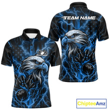 Load image into Gallery viewer, Custom Mid Blue Lightning Flame Eagle Men Bowling Shirt, Patriotic US Team Shirt IPHW10173