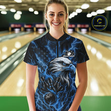 Load image into Gallery viewer, Custom Mid Blue Lightning Flame Eagle Women Bowling Shirt, Patriotic US Team Shirt IPHW10173