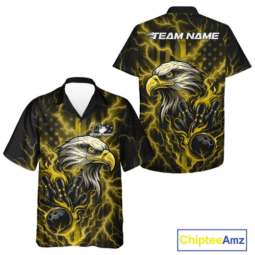 Custom Yellow Lightning Flame Eagle Men And Women Bowling Shirt, Patriotic US Team Shirt IPHW10174