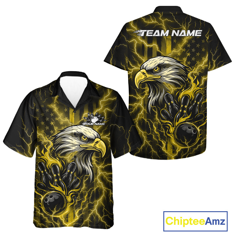 Custom Yellow Lightning Flame Eagle Men And Women Bowling Shirt, Patriotic US Team Shirt IPHW10174