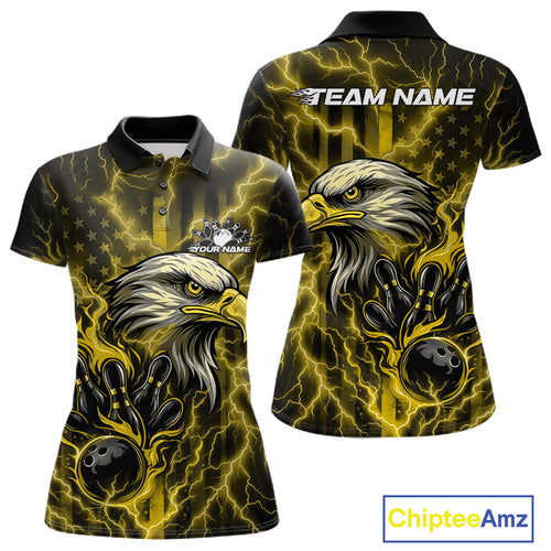 Custom Yellow Lightning Flame Eagle Women Bowling Shirt, Patriotic US Team Shirt IPHW10174