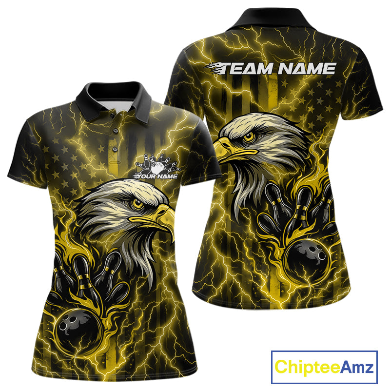 Custom Yellow Lightning Flame Eagle Women Bowling Shirt, Patriotic US Team Shirt IPHW10174