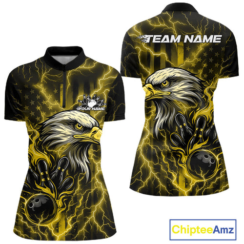 Custom Yellow Lightning Flame Eagle Women Bowling Shirt, Patriotic US Team Shirt IPHW10174
