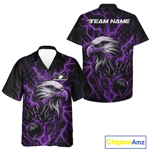 Custom Purple Lightning Flame Eagle Men And Women Bowling Shirt, Patriotic US Team Shirt IPHW10175