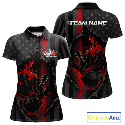 Custom Red Thin Line American Flag Patriotic Flame Bowling Team Women Polo Shirts IPHW10179