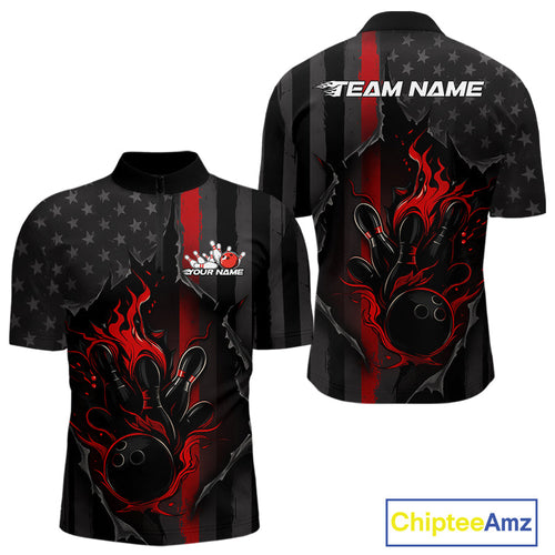 Custom Red Thin Line American Flag Patriotic Flame Bowling Team Men Quarter-Zip Shirts IPHW10179