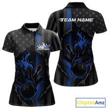Load image into Gallery viewer, Custom Blue Thin Line American Flag Patriotic Flame Bowling Team Women Polo Shirts IPHW10180