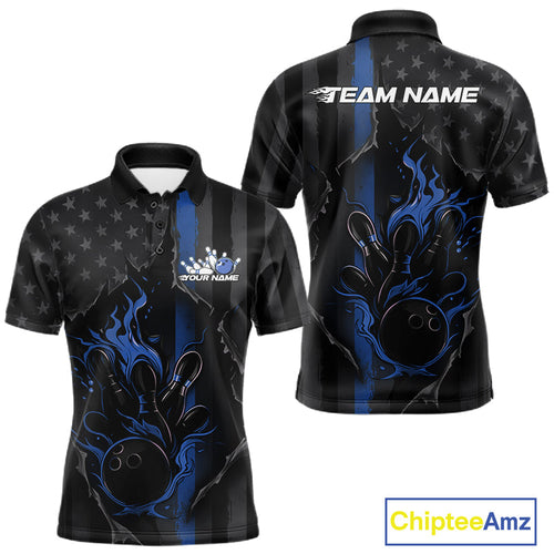 Custom Blue Thin Line American Flag Patriotic Flame Bowling Team Men Polo Shirts IPHW10180