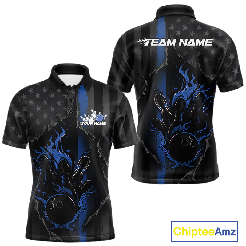 Custom Blue Thin Line American Flag Patriotic Flame Bowling Team Men Polo Shirts IPHW10180