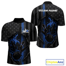 Load image into Gallery viewer, Custom Blue Thin Line American Flag Patriotic Flame Bowling Team Men Quarter-Zip Shirts IPHW10180