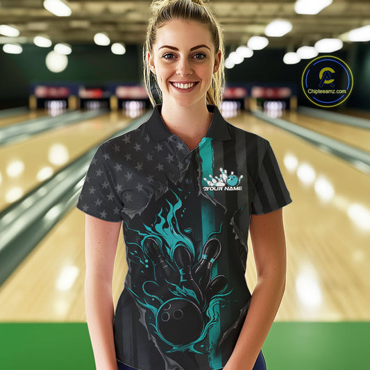 Custom Turquoise Blue Thin Line American Flag Patriotic Flame Bowling Women Polo Shirts IPHW10181
