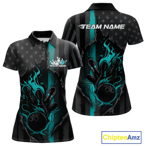 Custom Turquoise Blue Thin Line American Flag Patriotic Flame Bowling Women Polo Shirts IPHW10181