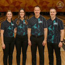 Load image into Gallery viewer, Custom Turquoise Blue Thin Line American Flag Patriotic Flame Bowling Team Men Polo Shirts IPHW10181