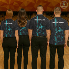 Load image into Gallery viewer, Custom Turquoise Blue Thin Line American Flag Patriotic Flame Bowling Team Men Polo Shirts IPHW10181