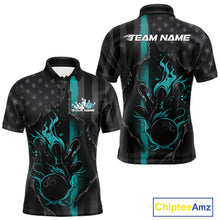 Load image into Gallery viewer, Custom Turquoise Blue Thin Line American Flag Patriotic Flame Bowling Team Men Polo Shirts IPHW10181