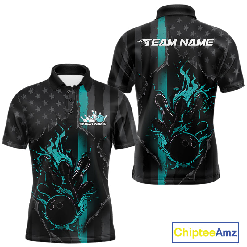 Custom Turquoise Blue Thin Line American Flag Patriotic Flame Bowling Team Men Polo Shirts IPHW10181