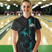 Load image into Gallery viewer, Custom Turquoise Blue Thin Line American Flag Patriotic Flame Women Bowling Team Shirts IPHW10181