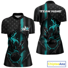 Load image into Gallery viewer, Custom Turquoise Blue Thin Line American Flag Patriotic Flame Women Bowling Team Shirts IPHW10181