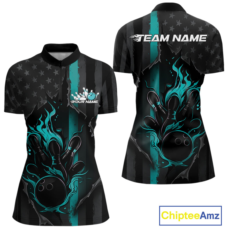 Custom Turquoise Blue Thin Line American Flag Patriotic Flame Women Bowling Team Shirts IPHW10181