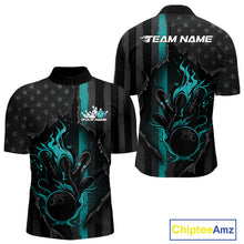 Load image into Gallery viewer, Custom Turquoise Blue Thin Line American Flag Patriotic Flame Bowling Team Men Quarter-Zip Shirt IPHW10181