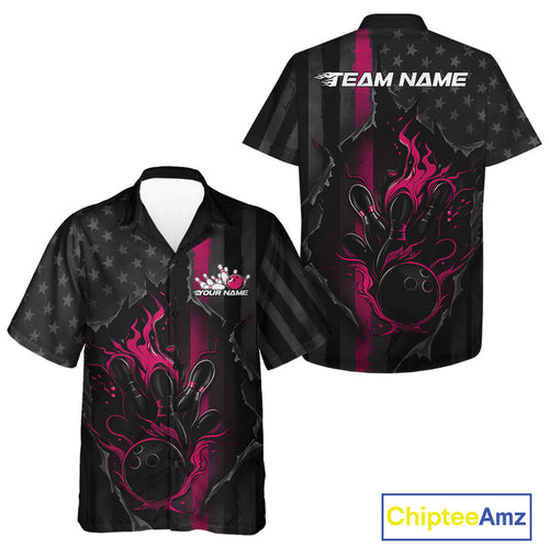 Custom Pink Thin Line American Flag Patriotic Flame Bowling Team Men And Women Hawaiian Shirts IPHW10182