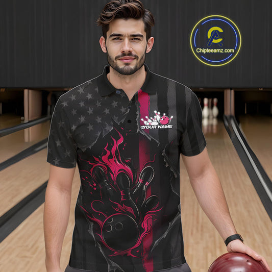 Custom Pink Thin Line American Flag Patriotic Flame Bowling Team Men Polo Shirts IPHW10182